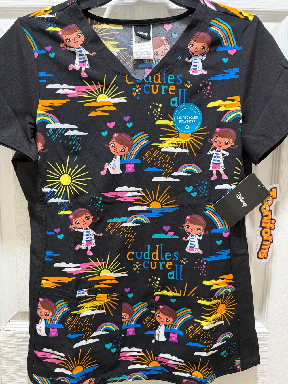 Disney Black Multicolor Doc McStuffins Rainbow Sun Scrub Top